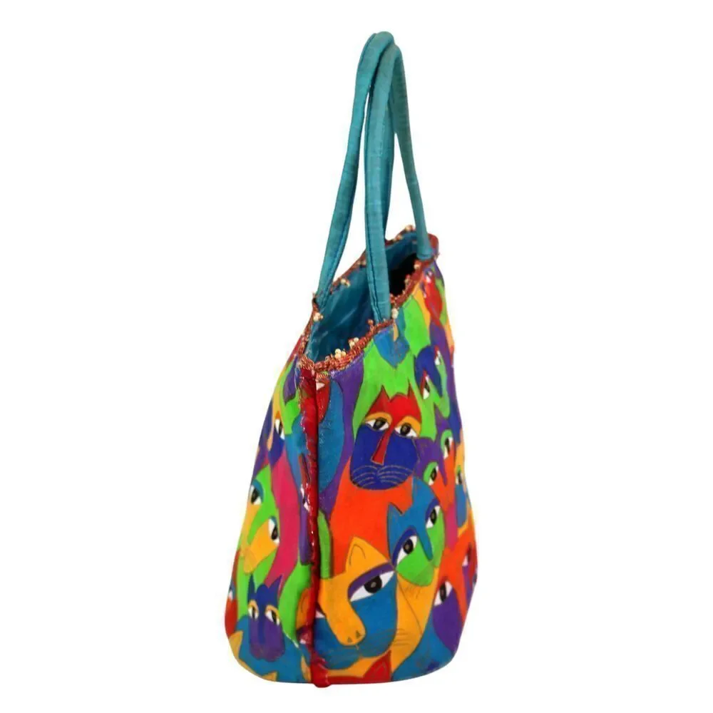 Laurel Burch MULTICOLOR COTTON CANVAS KAT BLUE HANDLES SATCHEL HANDBAG